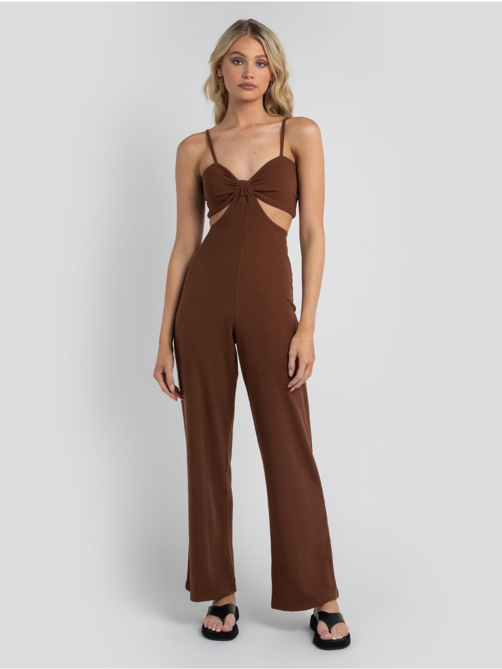 Cutout Knot-Front Wide-Leg Jumpsuit in Chocolate Brown
